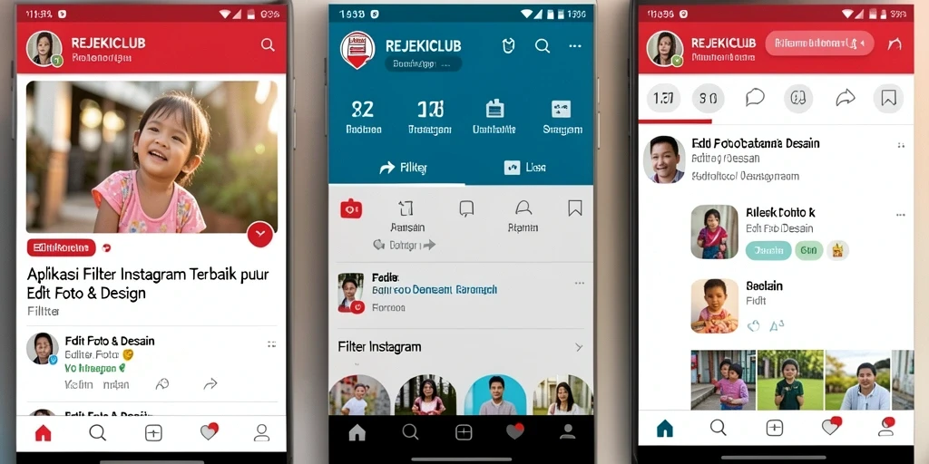 Antarmuka aplikasi REJEKICLUB dengan berbagai filter Instagram yang menarik.
